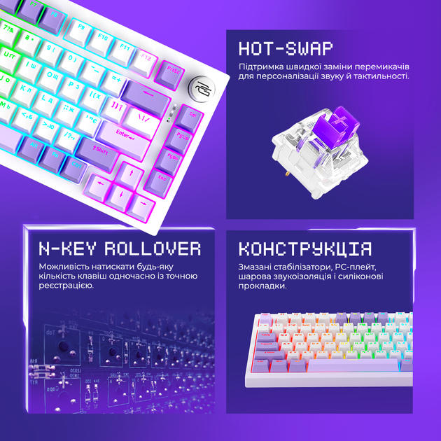 Клавиатура беспроводная Proove Gaming Coupe Bluetooth/Wireless/USB Ukraine Layout White/Purple (627890029) - изображение 3