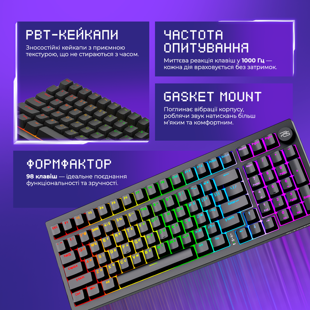 Клавиатура беспроводная Proove Gaming Slicker Pro Bluetooth/Wireless/USB Ukraine Layout Black (627900001) - изображение 3