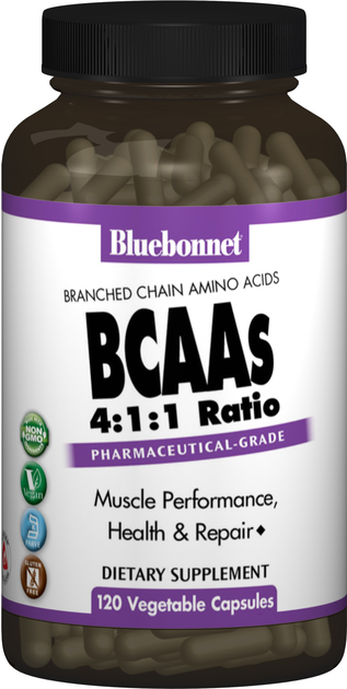 Аминокислота Bluebonnet Nutrition BCAAs 4:1:1 Ratio (Разветвленные Цепи Аминокислот) 120 гелевых капсул (743715015906) - изображение 1