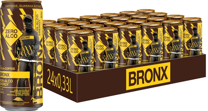 Упаковка безалкогольного энергетического напитка BRONX Кола-Кофе