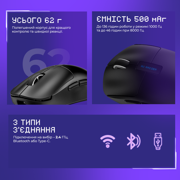 Мышь Proove Gaming RC Raider 8K Wireless/Bluetooth/USB Black (644030001) - изображение 7