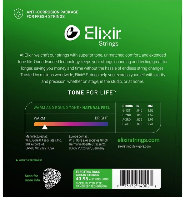 Струны для бас-гитары Elixir 14002 Nanoweb Coated Nickel Plated Steel Super Light 4-String 40/95 - изображение 3