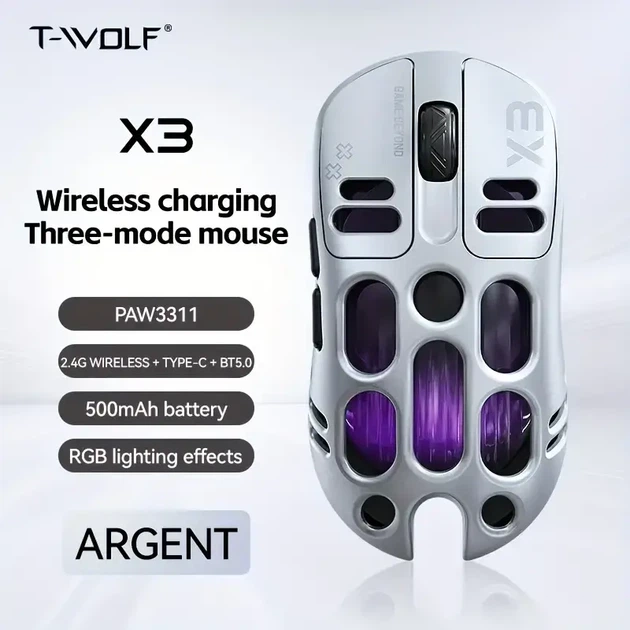 Беспроводная геймерская мышка T-WOLF Wolf X3 RGB 3-в-1, серебряная - изображение 2