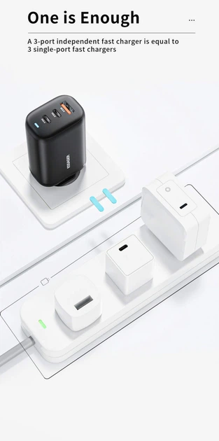 Зарядний пристрій ESSAGER GaN 65W PPS PD3.0+QC4.0 3-порти (USB + 2 Type-C) для ноутбука планшета смартфона (JT-TP65C2U1) - зображення 4