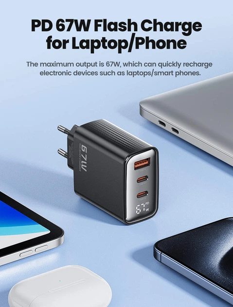 Зарядний пристрій Toocki GaN 67W QC4.0 PD3.0 TypeC USB для ноутбука планшета смартфона (TCT67) - Фото 4 Зарядний пристрій Toocki GaN 67W QC4.0 PD3.0 TypeC USB для ноутбука планшета смартфона (TCT67) - зображення 4