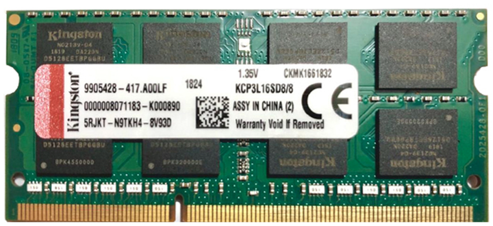 Пам'ять Kingston 8 GB SO-DIMM DDR3L 1600 MHz (KCP3L16SD8/8) - Фото 1 Пам'ять Kingston 8 GB SO-DIMM DDR3L 1600 MHz (KCP3L16SD8/8) - изображение 1
