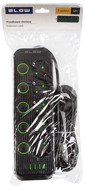 Подовжувач мережевий Blow PS-550S 5-розетковий 4 x USB 1 x USB-C 5 м Чорний (5900804142812) - зображення 4