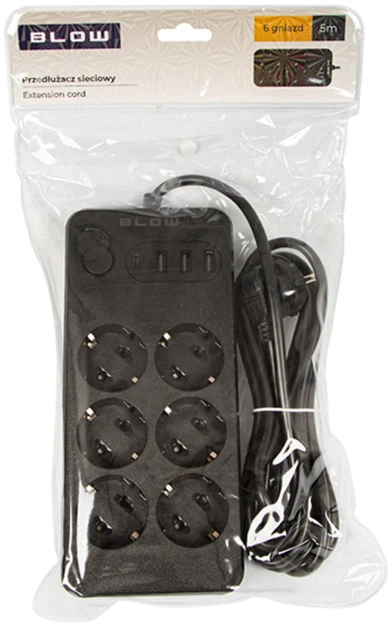 Подовжувач мережевий Blow PS-650 6-розетковий 3 x USB 1 x USB-C 5 м Чорний (5900804142843) - зображення 4