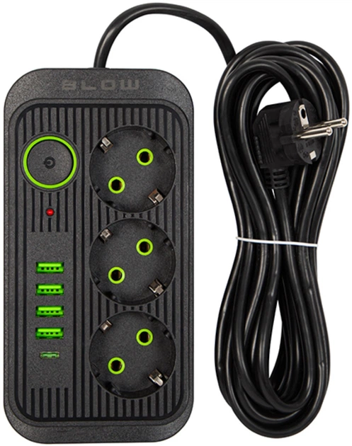 Подовжувач мережевий Blow PS-350U 3-розетковий 4 x USB 1 x USB-C 5 м Чорний (5900804143062) - зображення 2