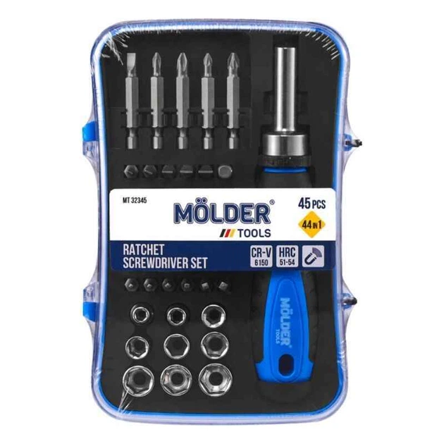 Реверсивна викрутка з набором біт 45 шт. Molder CrV магнітний тримач PH PZ SL Torx Hex PL (MT32345) - зображення 7