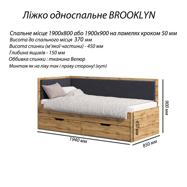 Ліжко односпальне 80х190 см Brooklyn Grey Viorina-Deko Тахо/Сірий (ЛДСП/тканина велюр) (з ящиками/без борту/без матраца) - зображення 3