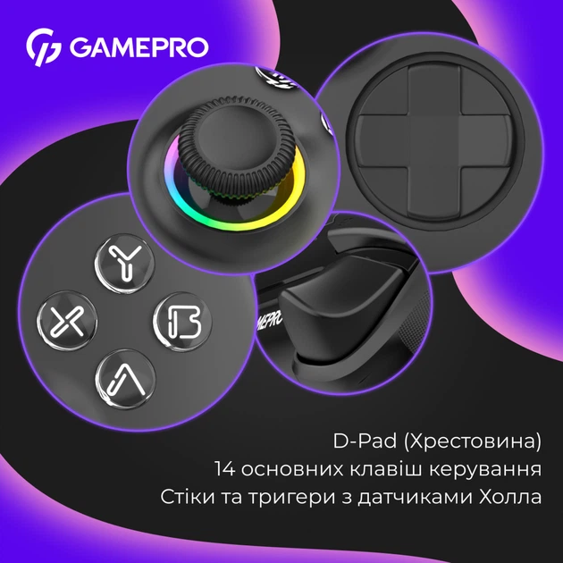 Геймпад GamePro із зарядною станцією BT 5.3/USB/2.4 ГГц (Switch/PC/iOS/Android) RGB Black (GPX13BDOC) - изображение 10