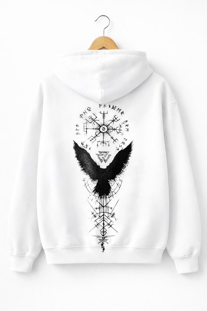Чоловіче худі з принтом Raven Sigil, Білий, L - Фото 1 Чоловіче худі з принтом Raven Sigil, Білий, L - зображення 1