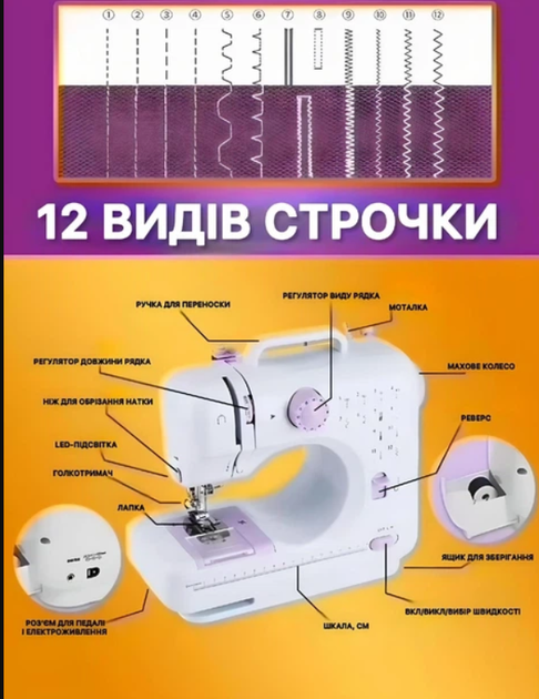 Многофункциональная портативная швейная машинка Machine с педалью 12 в 1 белая - изображение 3