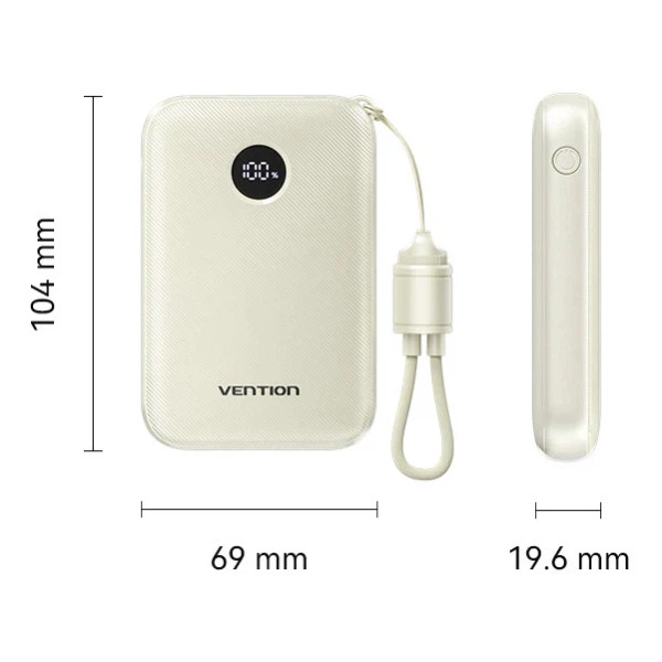 Универсальная батарея Vention 10000mAh 22,5W Fast Charging USB-A 2xUSB-C с встроенным кабелем Beige (FKAN0-C) - Фото 2 Универсальная батарея Vention 10000mAh 22,5W Fast Charging USB-A 2xUSB-C с встроенным кабелем Beige (FKAN0-C) - изображение 2