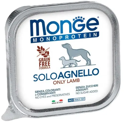 Вологий корм для собак Monge Monoprotein Dog Solo Lamb (паштет з ягням) 150 г - Фото 1 Вологий корм для собак Monge Monoprotein Dog Solo Lamb (паштет з ягням) 150 г - зображення 1