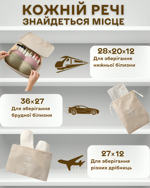 Органайзеры набор органайзеров 6в1 дорожный для хранения одежды обуви белья косметики аксессуаров организация багажа компактное хранение сумки чехлы для чемодана ручной клади поездок путешествий водонепроницаемые складная конструкция бежевые 3DTOYSLAMP - изображение 2