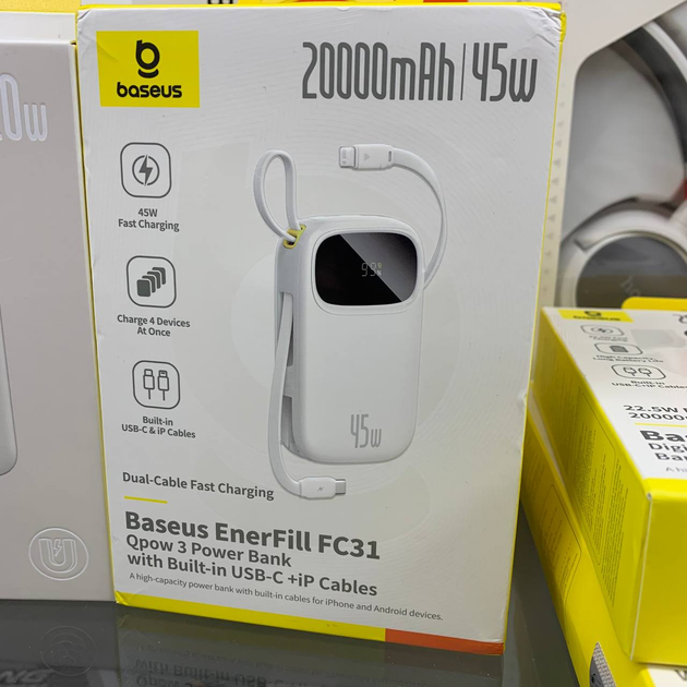 Павербанк 20000 mAh 45W Baseus EnerFill FC31 — зовнішній акумулятор з LCD-дисплеєм, 4 портами та швидкою зарядкою Білий - зображення 6