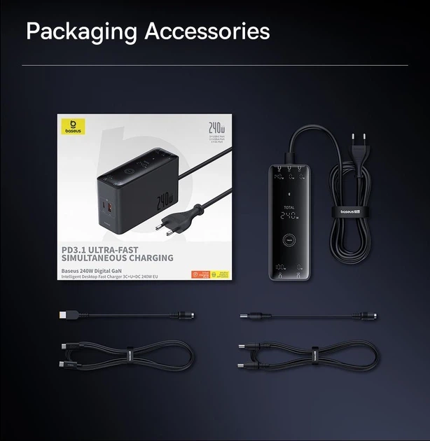 Потужна мережева зарядка 240вт Baseus Digital GaN Intelligent Desktop Charger 240W 3C+U+DC - изображение 11