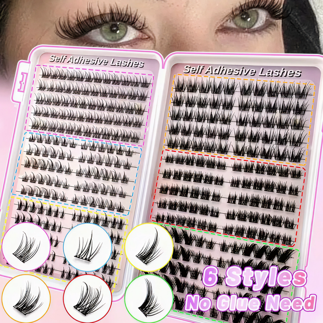Самоклеящиеся накладные ресницы-пучки Self Adhesive Lashes, 360 шт., изгиб 30D, пучковые ресницы, чёрные - изображение 2