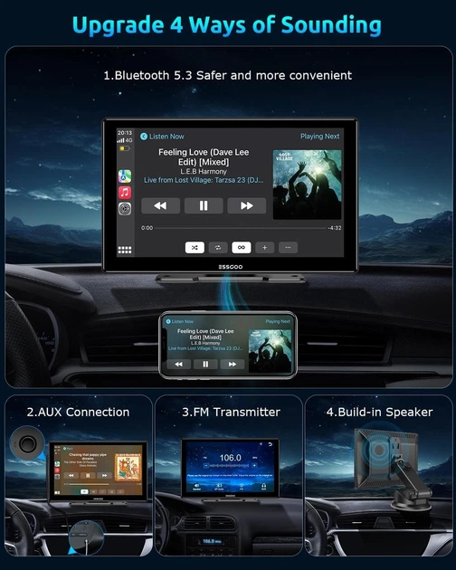 Автомобильный дисплей ESSGOO CarPlay Android Auto 9 дюймов IPS 1024×600 с Bluetooth и WiFi - Фото 7 Автомобильный дисплей ESSGOO CarPlay Android Auto 9 дюймов IPS 1024×600 с Bluetooth и WiFi - изображение 7