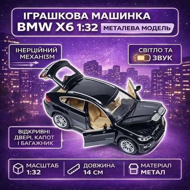 Игрушечная машинка Автопром BMW X6 1:32, 14 см, черная — металлическая модель со светом, звуком и инерционным ходом, арт. 68311-2 - изображение 6