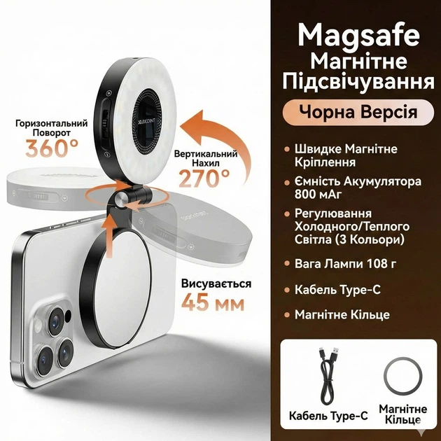 Світлодіодна лампа кільце для селфі PG Company Magsafe чорна з регульованою яскравістю - зображення 10