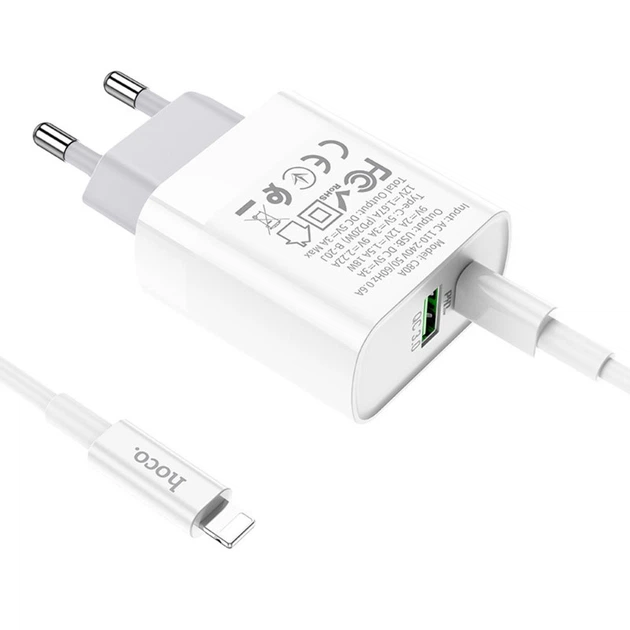 Сетевое зарядное устройство Hoco C80A USB/ Type-C QC PD 20W белое + кабель Type-C to Lightning - Фото 4 Сетевое зарядное устройство Hoco C80A USB/ Type-C QC PD 20W белое + кабель Type-C to Lightning - изображение 4