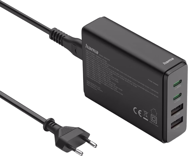 Zasilacz uniwersalny Hama GaN 65W PD/QC 2x USB-C 2x USB-A Black (201979) - obraz 3
