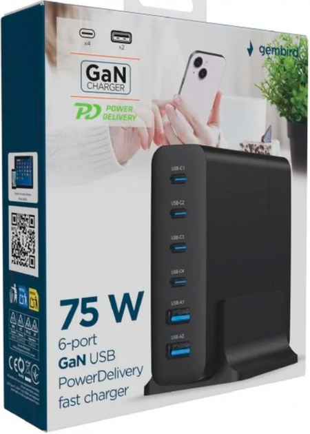 Ładowarka Gembird GaN 4 x USB-C 2 x USB-A 75W Black (TA-UC-2A4C-PD75-01-BK) - obraz 4