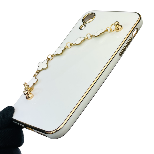 Чохол для телефона Apple iPhone Xr жіночій із ремінцем на подарунок з прикрасами та золотою окантовкою білий - зображення 5