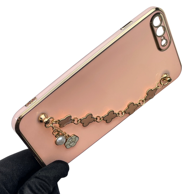 Чохол для телефона Apple iPhone 8 Plus жіночій із ремінцем на подарунок з прикрасами та золотою окантовкою пудровий - Фото 5 Чохол для телефона Apple iPhone 8 Plus жіночій із ремінцем на подарунок з прикрасами та золотою окантовкою пудровий - зображення 5