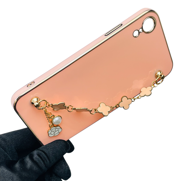 Чохол для телефона Apple iPhone Xr жіночій із ремінцем на подарунок з прикрасами та золотою окантовкою пудровий - зображення 4