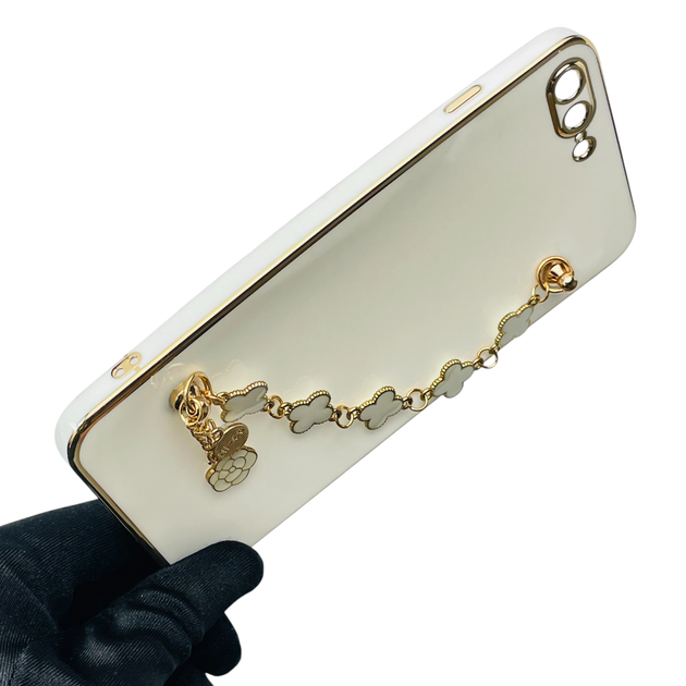 Чохол для телефона Apple iPhone 8 Plus жіночій із ремінцем на подарунок з прикрасами та золотою окантовкою білий - зображення 5
