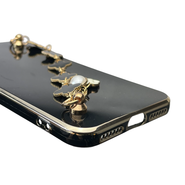 Чохол для телефона Apple iPhone 8 жіночій із ремінцем на подарунок з прикрасами та золотою окантовкою чорний - зображення 7