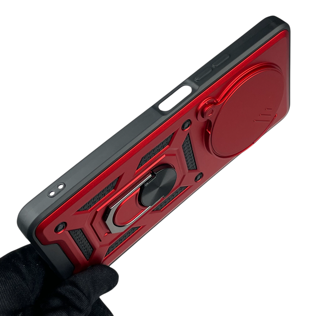 Чехол для Xiaomi Redmi 14C бронированный с кольцом-держателем со шторкой красный - Фото 5 Чехол для Xiaomi Redmi 14C бронированный с кольцом-держателем со шторкой красный - изображение 5