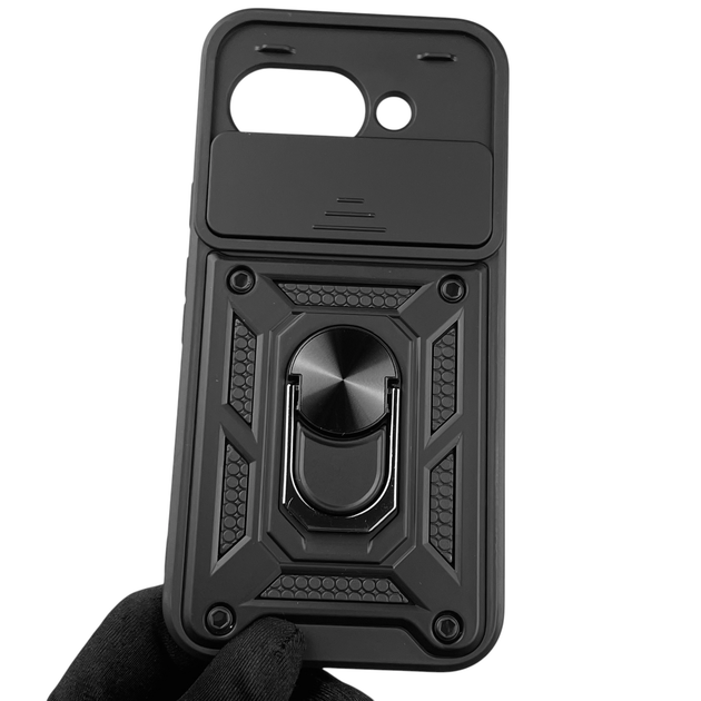 Чехол для Google Pixel 9a бронированный с кольцом-держателем со шторкой чёрный - Фото 2 Чехол для Google Pixel 9a бронированный с кольцом-держателем со шторкой чёрный - изображение 2