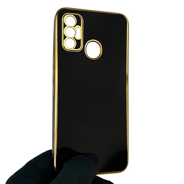 Чехол для Tecno Spark 7 Go (KF6m) глянцевый с защитой камеры с золотой окантовкой черный - изображение 2