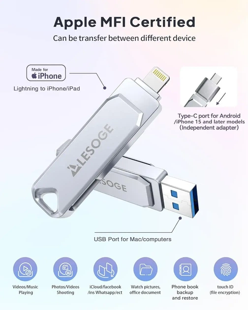 Флешка 3-в-1 MFi USB+Lightning+Type-C, 256 ГБ, высокоскоростная, металлический корпус - изображение 4