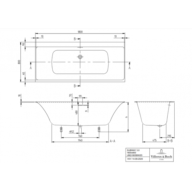 Ванна квариловая VILLEROY & BOCH SUBWAY 3.0 UBQ180SBW2DV-01, 180x80 см, белый - изображение 2