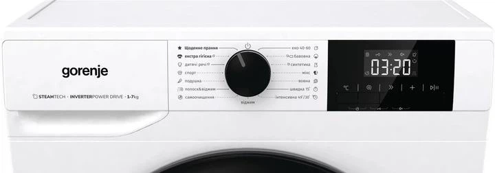 Стиральная машина Gorenje W3NGPI 72SBS, фронтальная, узкая, 7 кг, 1200, класс С/A/B, 45 см, 15 программ, пар, дисплей, инвертор, белый с черным люком - изображение 5