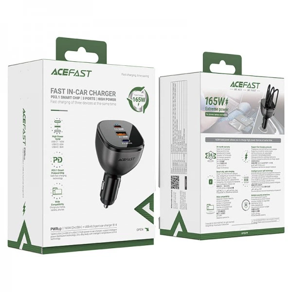 Автомобільний зарядний пристрій ACEFAST B14 165W (2*USB-C+USB-A) 3-port car charger Black (6974316282938) (16279) - изображение 2