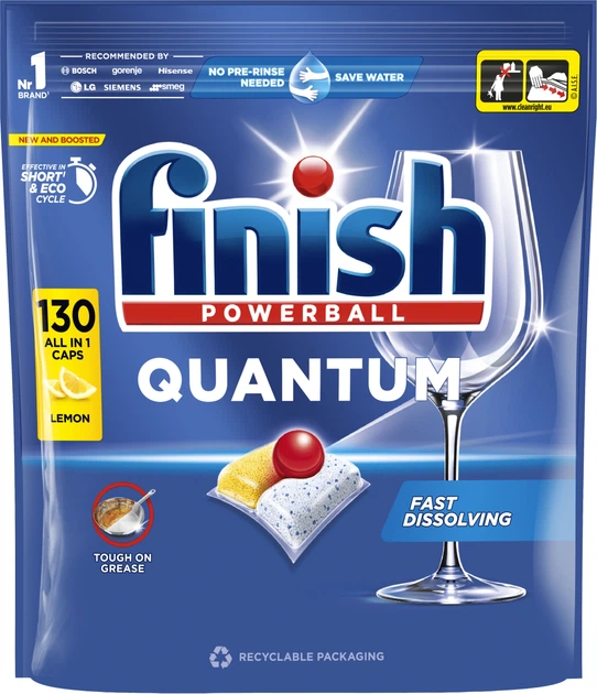 Таблетки для посудомоечных машин Finish Quantum All in 1 Lemon, 130 шт - Фото 1 Таблетки для посудомоечных машин Finish Quantum All in 1 Lemon, 130 шт - изображение 1
