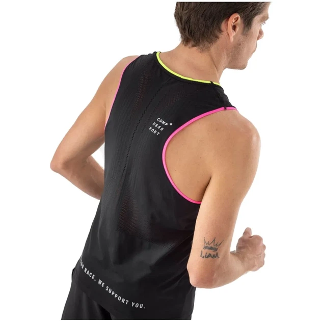 Майка чоловіча спортивна для бігу тренувань облягаюча Compressport Pro Racing Singlet M Black/safe yellow/neo pink M (100077511) - Фото 2 Майка чоловіча спортивна для бігу тренувань облягаюча Compressport Pro Racing Singlet M Black/safe yellow/neo pink M (100077511) - зображення 2