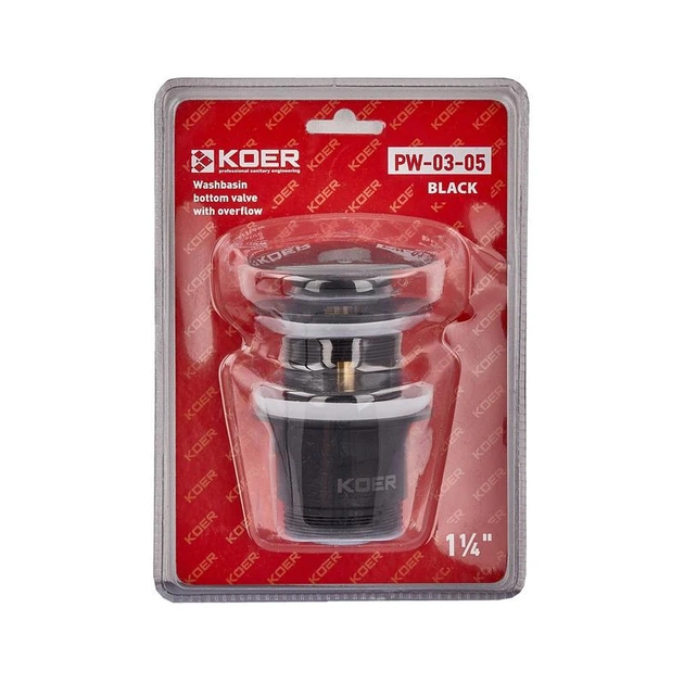 Донный клапан для раковины с переливом Koer PW-03-05 1 1/4'' кнопка чёрный KR3396 - изображение 2
