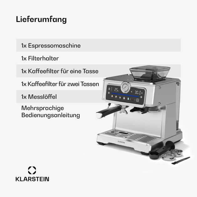 Кофемашина Klarstein GrandPresso Touch кофеварка-эспрессо с кофемолкой 20 бар 1350 Вт - изображение 3