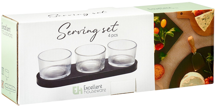 Miseczki na przekąski Excellent Houseware szklane na drewnianej tacce 4 elementy (8721037483421) - obraz 3