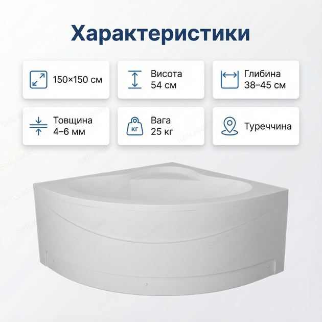 Ванна акрилова кутова Insana Alpina 150×150см для двоих симметричная с ножками и облицовкой для дома спа отеля - изображение 3