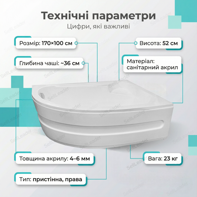 Ванна Victoria Nova - Karina R 170х100х52 см левая угловая с передней панелью и ножками асимметричная белая - изображение 3