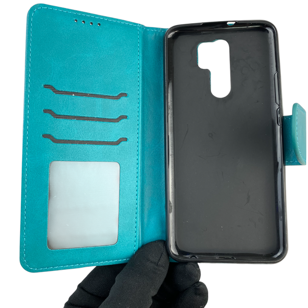 Чохол-книжка для телефона Xiaomi Redmi 9 шкіряна з магнитною застібкою із відділенням для карток бірюзова - Фото 3 Чохол-книжка для телефона Xiaomi Redmi 9 шкіряна з магнитною застібкою із відділенням для карток бірюзова - зображення 3